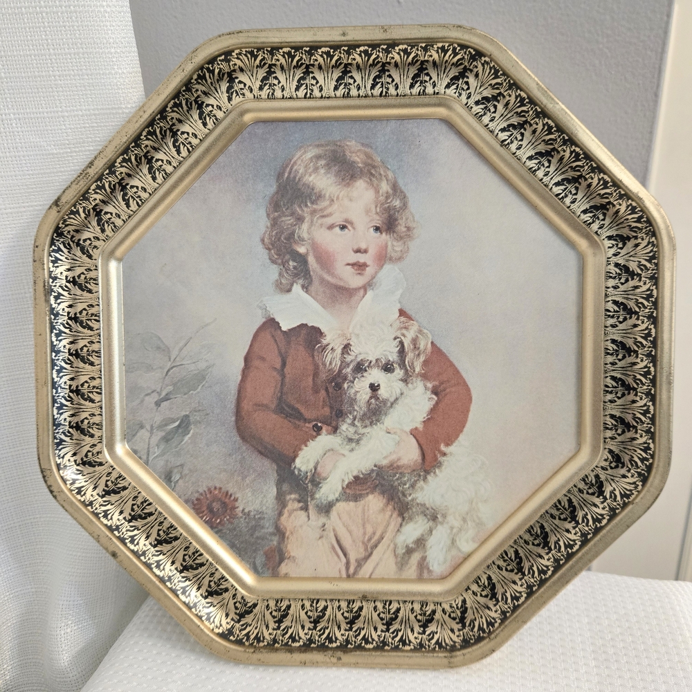 Vtg Victorian Printed Tin Picture Octagin Frame Boy W Dog Master Simpson